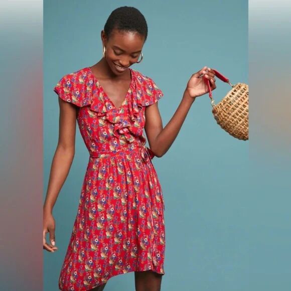 ANTHROPOLOGIE Maeve Rosalia Ruffled Mini Dress Red Sz 2 - Picture 1 of 6
